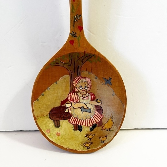 Norwegian Folk Art Hand-Painted Wooden Spoon Girl Bonnet Tree Chicks Signed - Picture 2 of 16